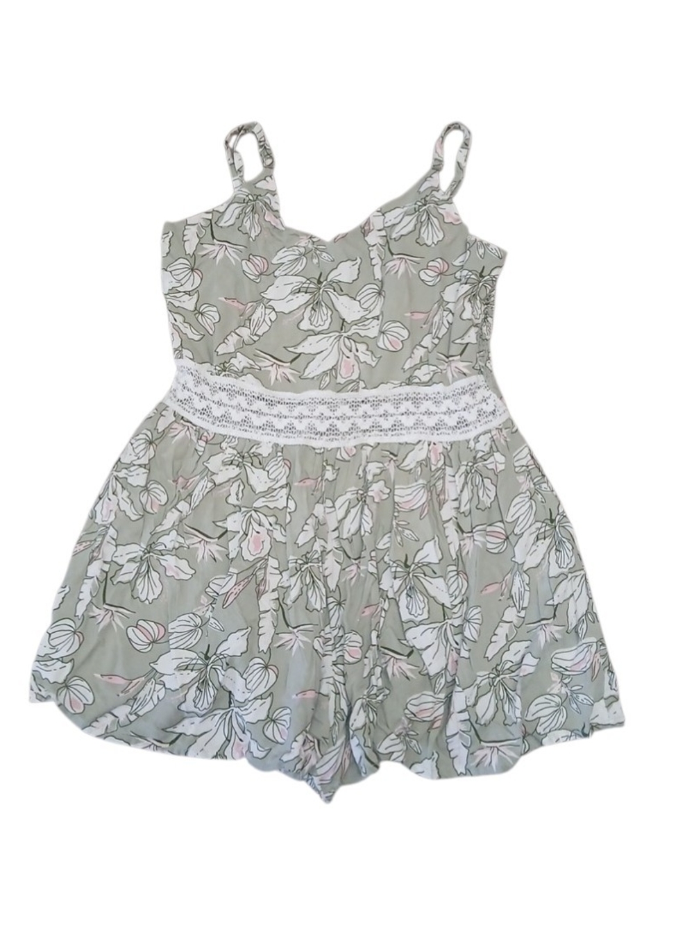 Kiwi + Punch Floral Lace-Trim Romper in Sage and Pink
